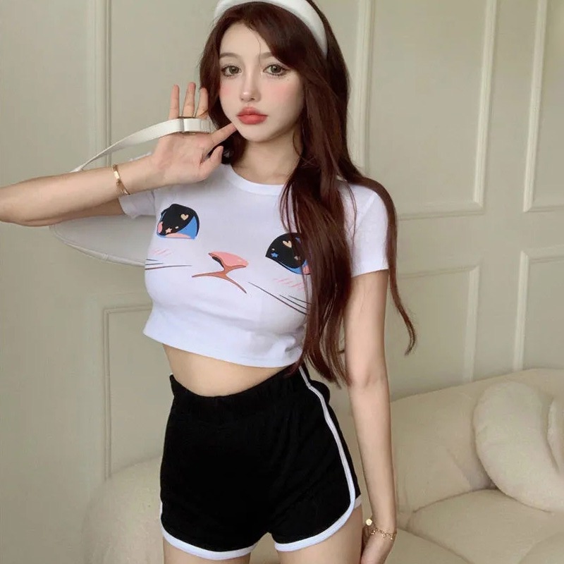 Women's Korean Print Slim Crop Tops+High Waist Shorts Two-piece Suit Casual Sports Hot Pants 2PCS Set
