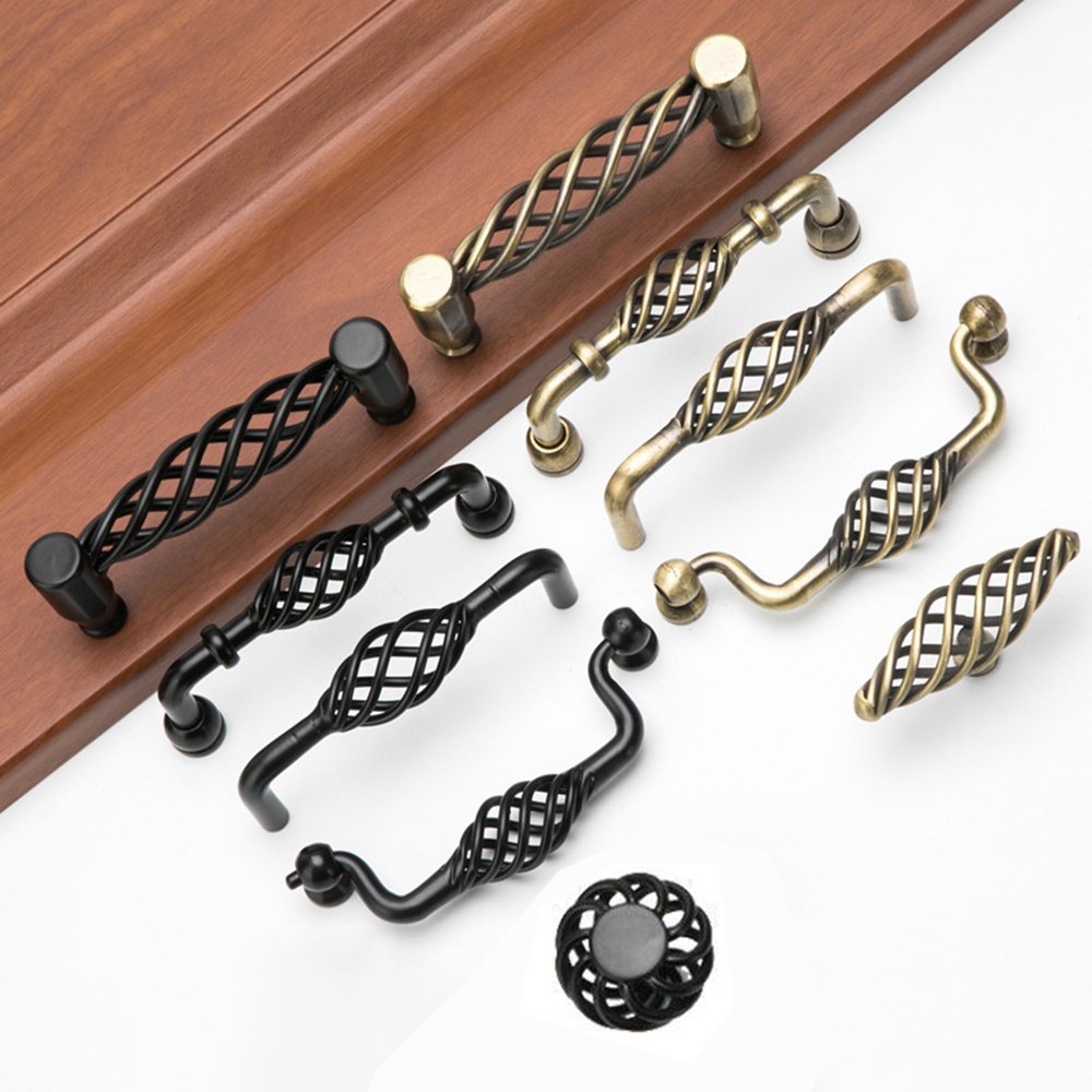 YIYU Tay nắm cửa bằng đồng thau hình lồng chim màu đen cổ điển kèm ốc vít tiện lợi