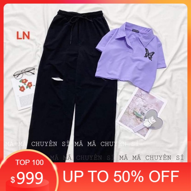 Sét áo croptop lô gô bướm + quần rộng rách LN12 , sét áo nam nữ, chất đẹp, sét bộ mặc ở nhà MODY