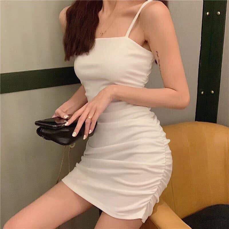 Váy đầm ôm body hai dây sợi bún bóp eo sexy 3 màu đen trắng tím ulzzang nữ | BigBuy360 - bigbuy360.vn