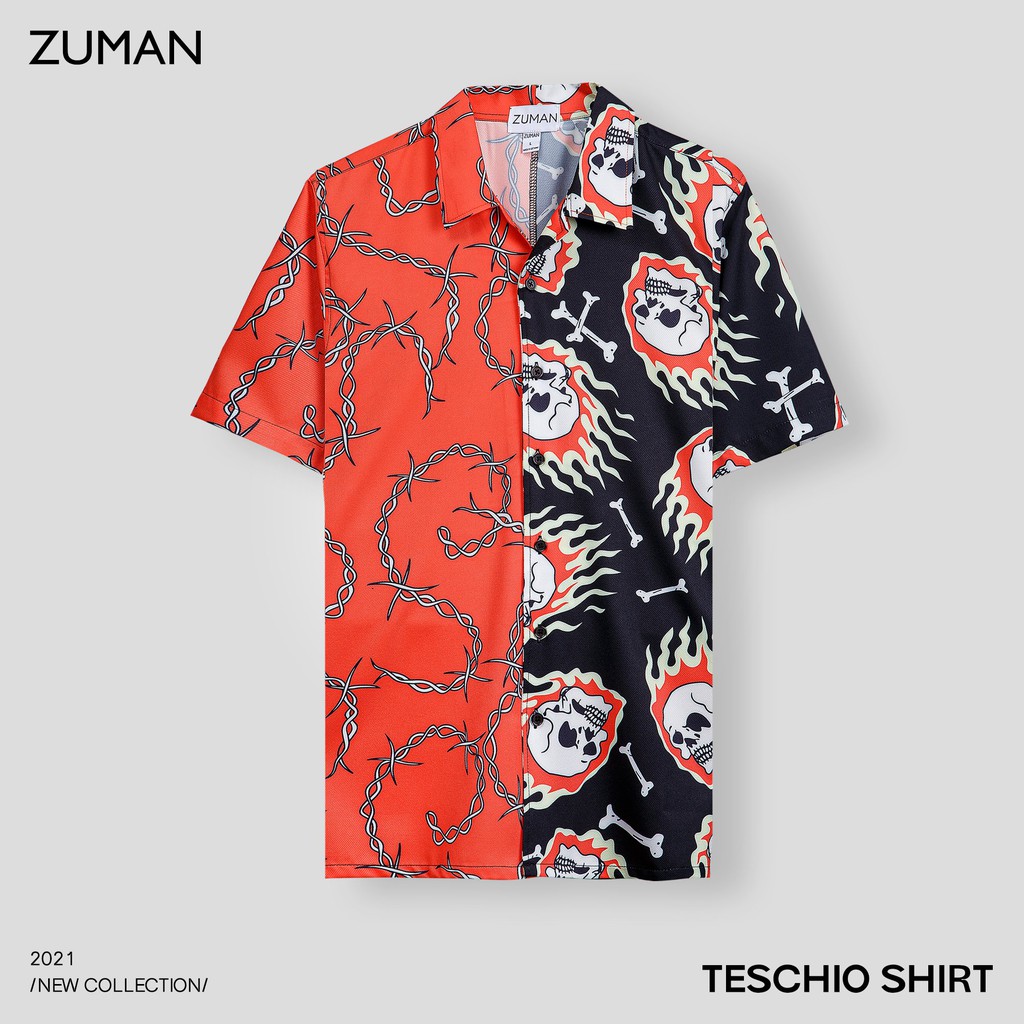 Áo sơ mi nam họa tiết tay ngắn Teschio Shirt ASM148 ZUMAN  form suông, chất vải lụa vân chéo, thoáng mát