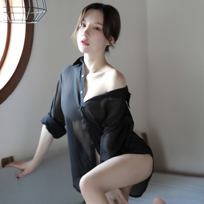 [Che tên] Áo ngủ sơ mi from dài gợi cảm - Màu đen