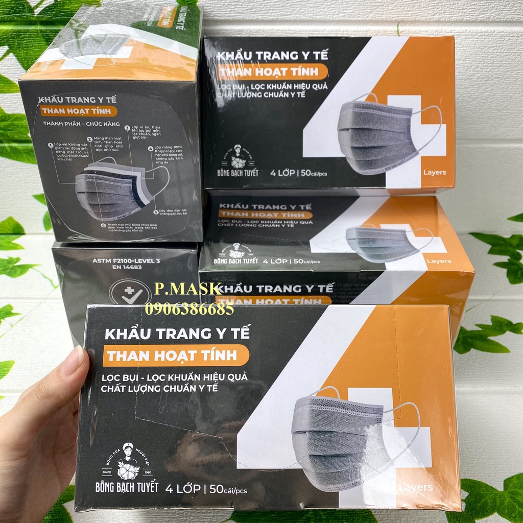 Khẩu trang THAN HOẠT TÍNH 4 lớp BẠCH TUYẾT mới 50 cái / hộp chính hãng Bông Bạch Tuyết