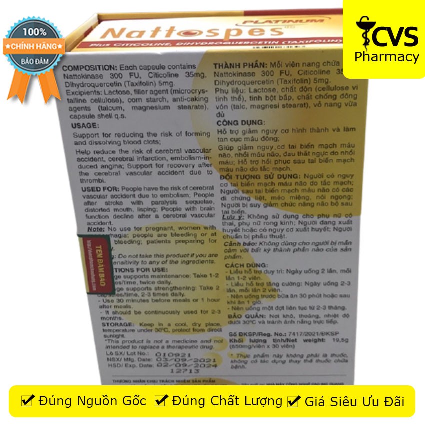 Nattospes Platinum hỗ trợ làm tan cục máu đông hộp 30 viên - Cvspharmacy