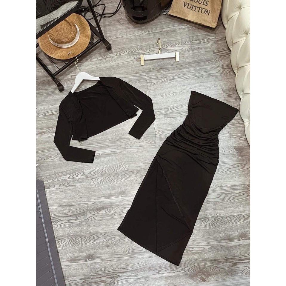 Set Đầm Cúp Ngực Nhún Kèm Áo Khoác Crtoptop