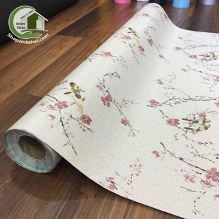 Giấy dán tường hoa đào màu hồng, khổ 1,2m có sẵn keo