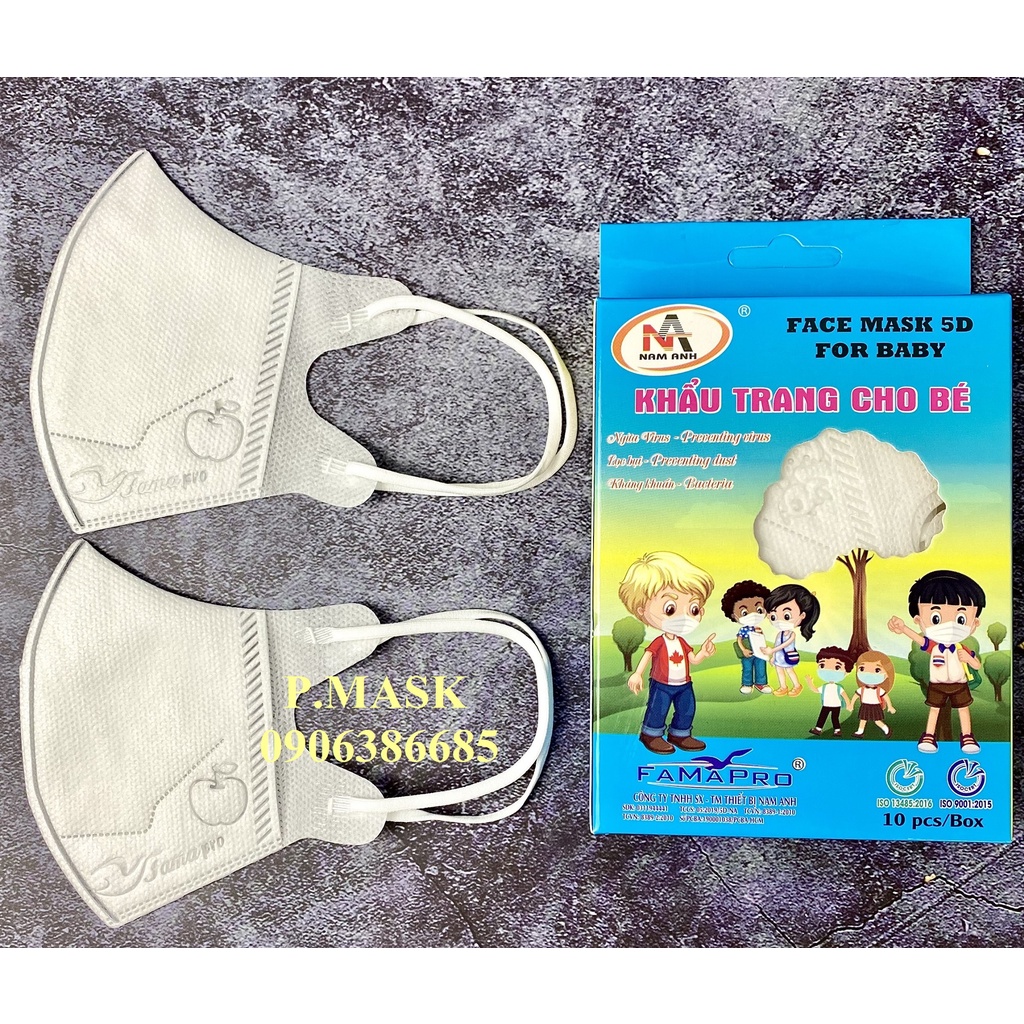 Khẩu trang cho Bé 5D FAMAPRO 3 lớp kháng khuẩn 10 cái / hộp màu Trắng / Xanh / Hồng