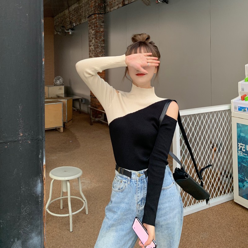 Áo Len Chui Đầu Cổ Lọ Phối Màu Tương Phản Phong Cách Hàn Quốc