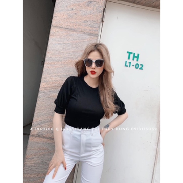 Áo thun nữ tay lửng vai bồng chất zip cotton siêu xinh