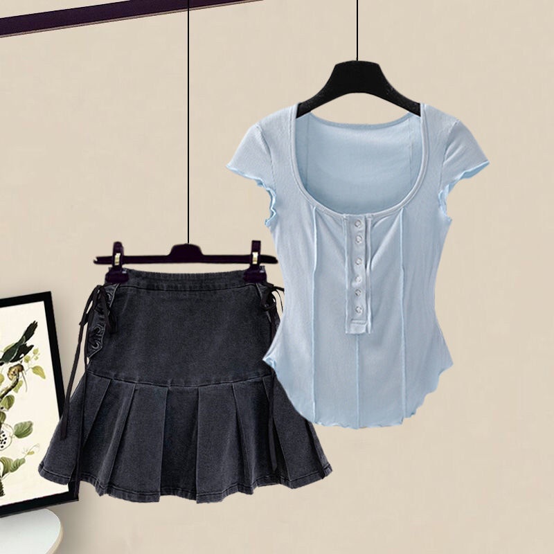 Jiashucheng Set Áo Thun Cổ Chữ u Và Chân Váy Jeans Thời Trang Nữ Tính
