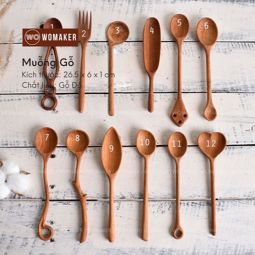Muỗng Gỗ Decor Trang Trí Chụp Ảnh Làm Bằng Gỗ Đỏ Tự Nhiên An Toàn Dụng Cụ Bếp Đa Năng Ăn Cơm Ăn Bánh Múc Trà Cafe