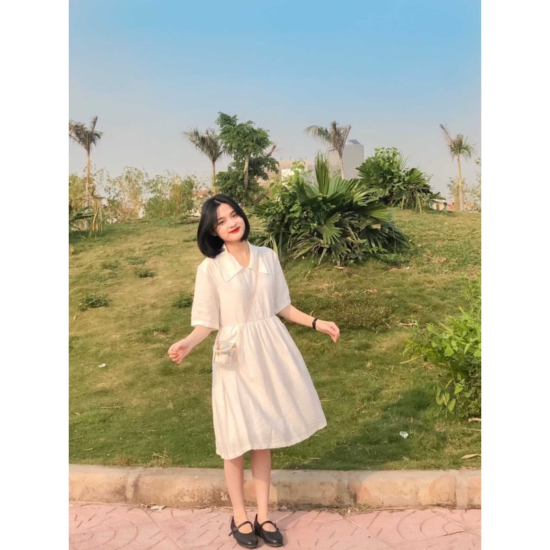 (CLIP THẬT) Đầm babydoll trắng cổ sơ mi dáng xòe | BigBuy360 - bigbuy360.vn