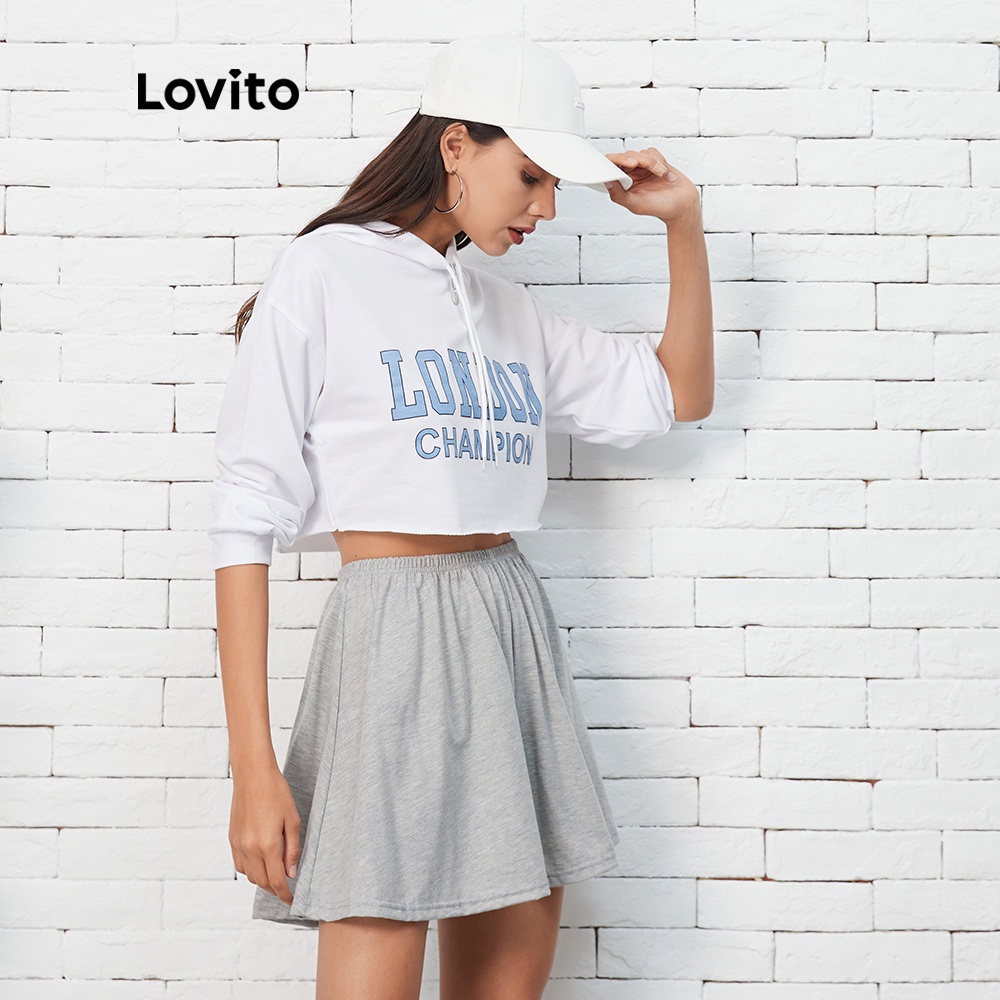 Áo sweatshirt croptop Lovito in họa tiết chữ phong cách thường ngày L07083 (Màu trắng) | BigBuy360 - bigbuy360.vn