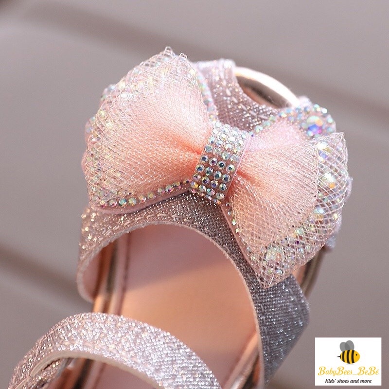 Sandal rọ hở mũi tập đi bé gái - Dép quai hậu nơ ren nhiều lớp đính kim sa lấp lánh cho bé, đế kếp A107 (sz 15-19;21-25)