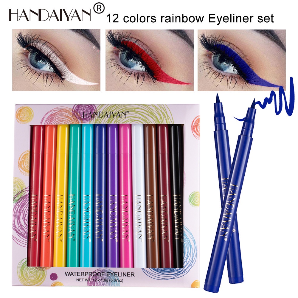 Set 12 Bút Kẻ Mắt Dạng Lỏng Lâu Trôi Chống Thấm Nước Màu Sắc Thời Trang