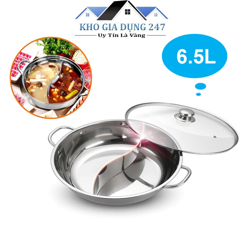 Nồi Lẩu 2 Ngăn Inox Size To 6.5L - Chia 2 Vị Khác Nhau Tiện Lợi, Dùng Cho Mọi Loại Bếp