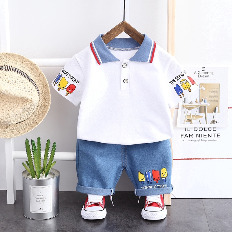 Set Áo Thun Ngắn Tay In Họa Tiết Graffiti + Quần Short Denim Thời Trang Mùa Hè Cho Bé Trai 0-5 Tuổi