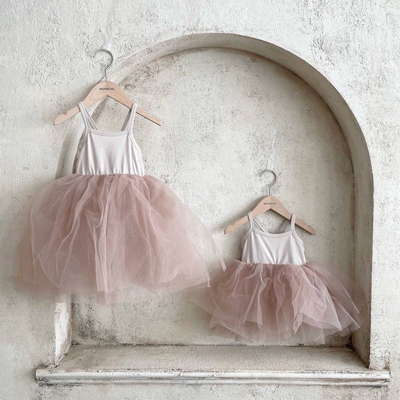 Đầm Công Chúa Một Mảnh Phối Lưới Một Mảnh Màu Trơn Phong Cách Hàn Quốc Thời Trang Mùa Hè Cho Bé Gái JGE2