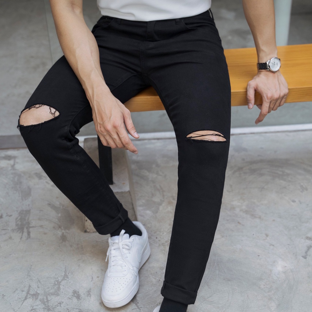 Quần Jean Americus Gosani Nam Rách Gối Phom Ôm Màu Đen