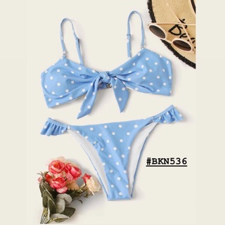 [BKN536] SET BIKINI CHẤM BI NƠ NGỰC MÀU XANH