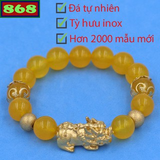 Vòng chuỗi tay đá vàng charm tỳ hưu, bi và khía bông inox