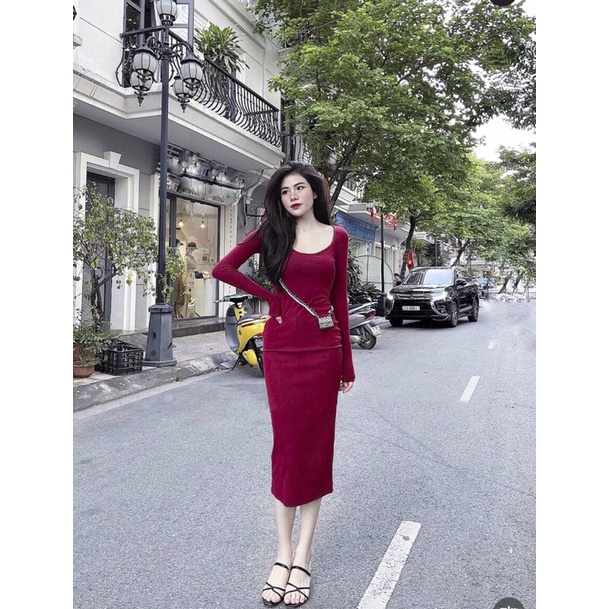 Đầm body cổ vuông dài tay váy body dáng dài | BigBuy360 - bigbuy360.vn