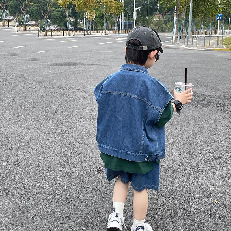 Hàng Mới Về Bộ Áo Khoác Cotton + Quần Short Denim Dáng Rộng Phong Cách Hàn Quốc Thời Trang Xuân Hè Cho Bé Trai / Gái 5 Món