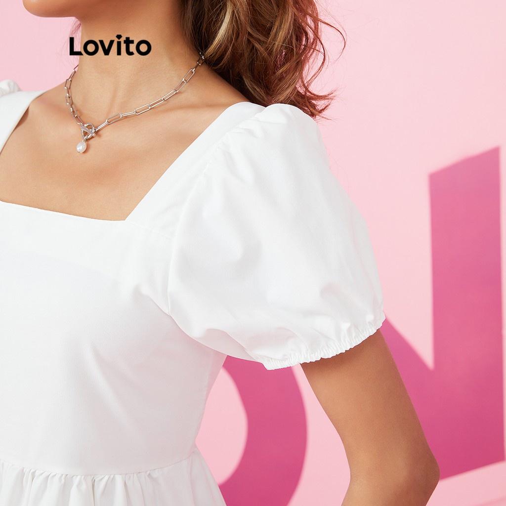 Đầm Lovito tay phồng màu trơn xinh xắn cơ bản L16X072 (Màu trắng)