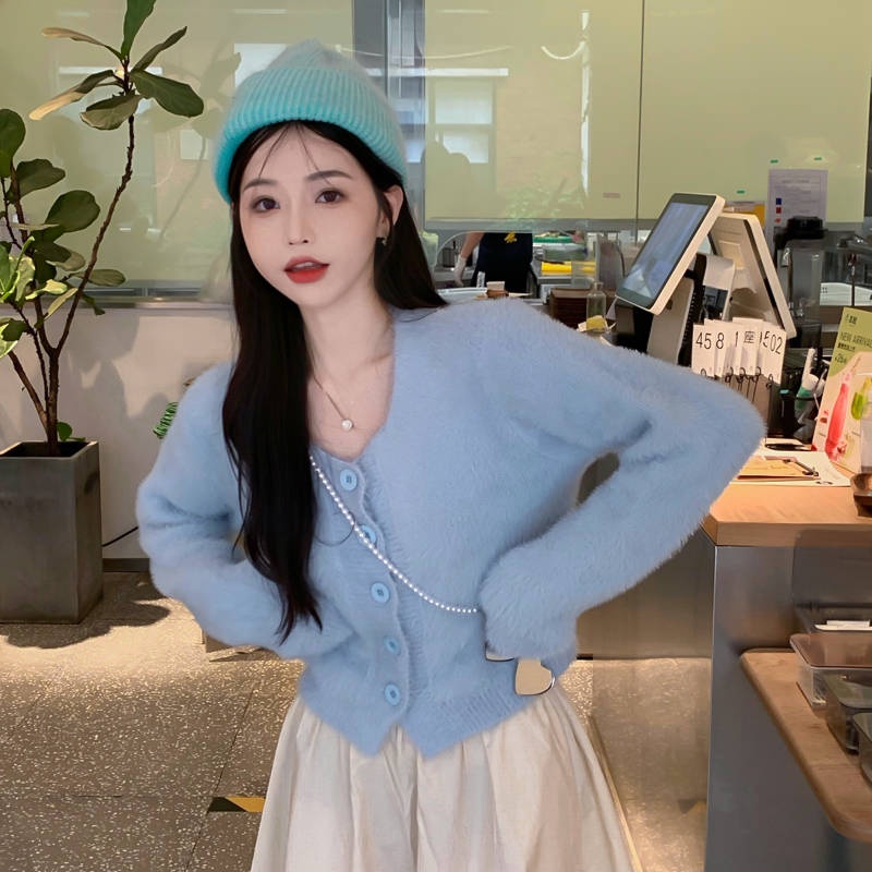 🌻 áo croptop tay dài áo cadigan  áo len kiểu nữ  Áo Khoác Len Cardigan Mềm Dáng Rộng Ngắn Màu Hồng Thời Trang Thu Đông 2021