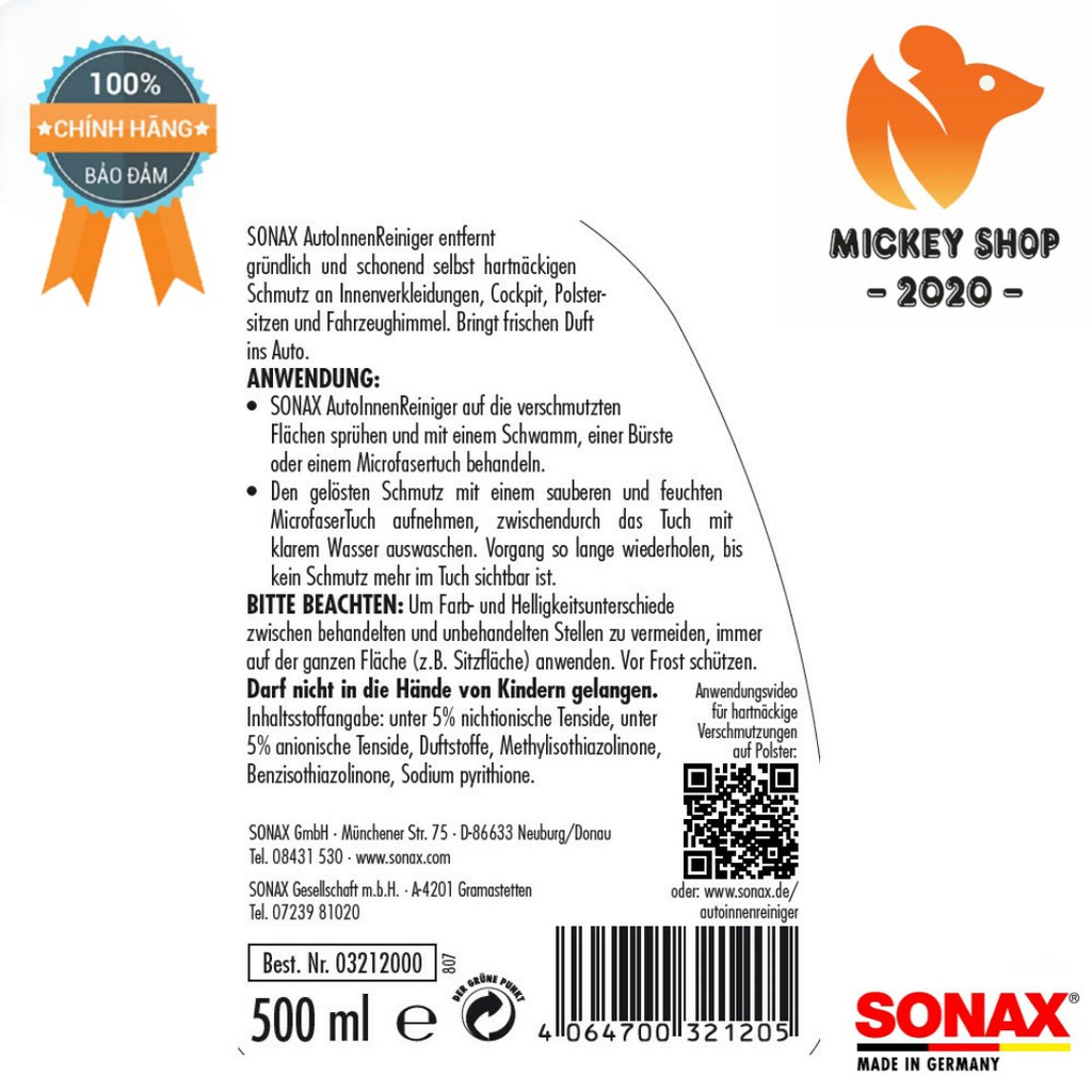 [ YÊU THÍCH ] Combo Dung dịch vệ sinh nội thất xe Sonax 321200 (500ml) và Kem dưỡng ghế da Sonax 291141 (250ml)