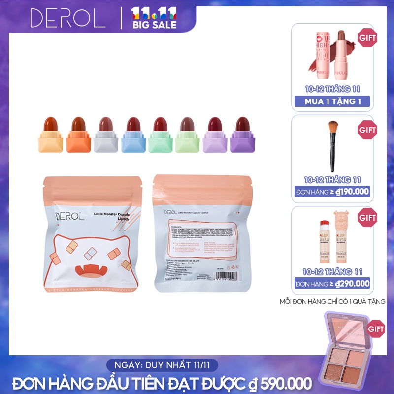 Set 8 son môi DEROL mini hình viên kẹo họa tiết quái vật dễ thương