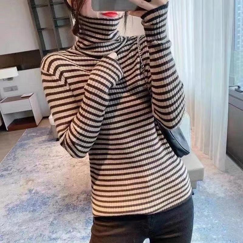 Áo Sweater Cổ Cao Ôm Dáng Mềm Mại Họa Tiết Kẻ Sọc Thời Trang Thu Đông 2023