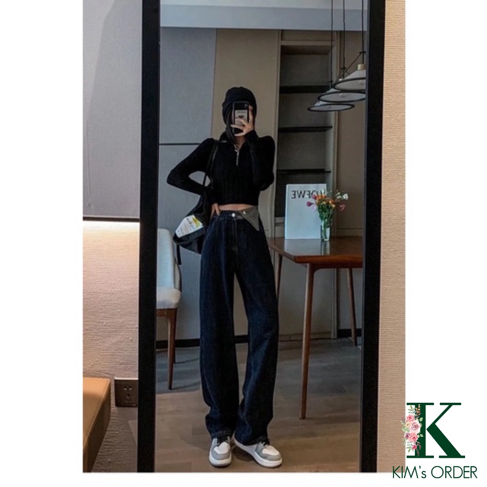 Quần jeans nữ lưng cao cạp phối tam giác màu xanh than ống suông dài phom rộng phong cách Ulzzang Hàn Quốc cá tính | BigBuy360 - bigbuy360.vn