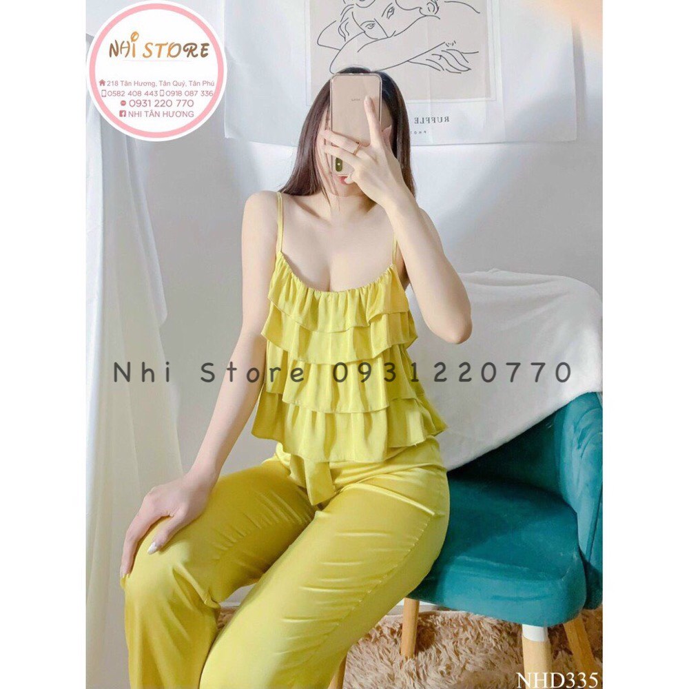 [FREESHIP 50K] Bộ Mặc Nhà Nữ NHISTORE Quần Dài Áo 2 Dây Bèo  4 Tầng Chất Lụa Satin Loại 1  Dưới 57kg