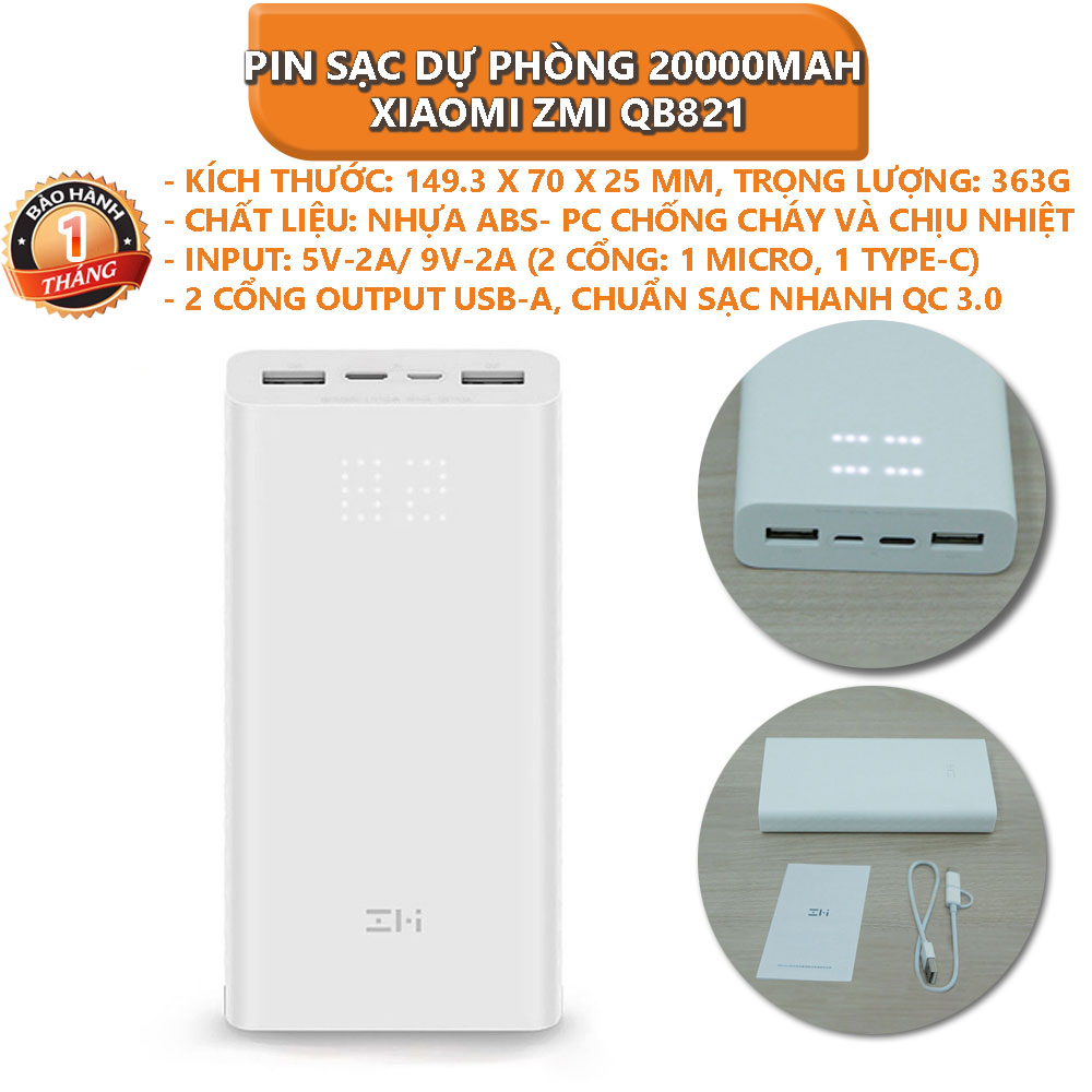 Pin sạc dự phòng 20000mAh Xiaomi ZMI QB821 - Bảo hành 1 tháng