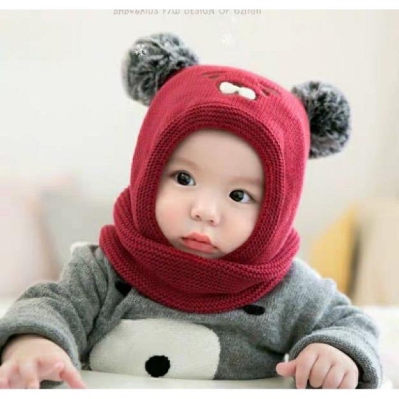 Mũ len chùm liền khăn hình gấu cho bé