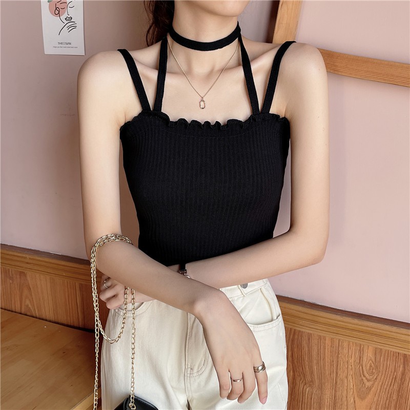 Áo croptop 2 dây chocker viền gợn sóng 2 màu đen trắng cá tính -ACN13