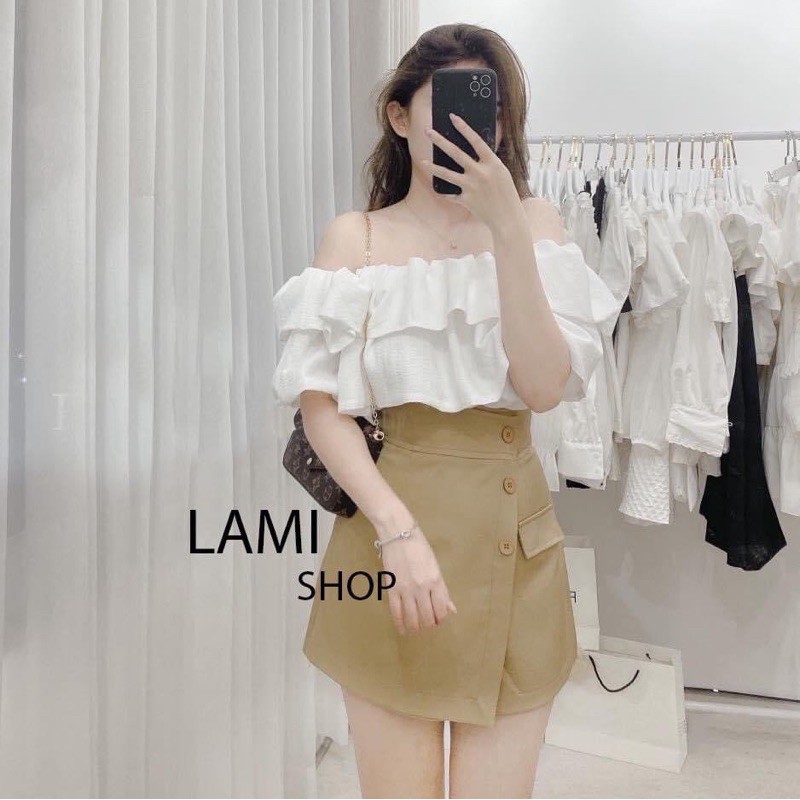 Set áo trễ vai chân váy thô vạt lệch
