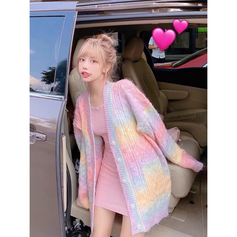 Áo khoác len màu cầu vồng Rainbow cardigan phiên bản dài phong cách ulzzang
