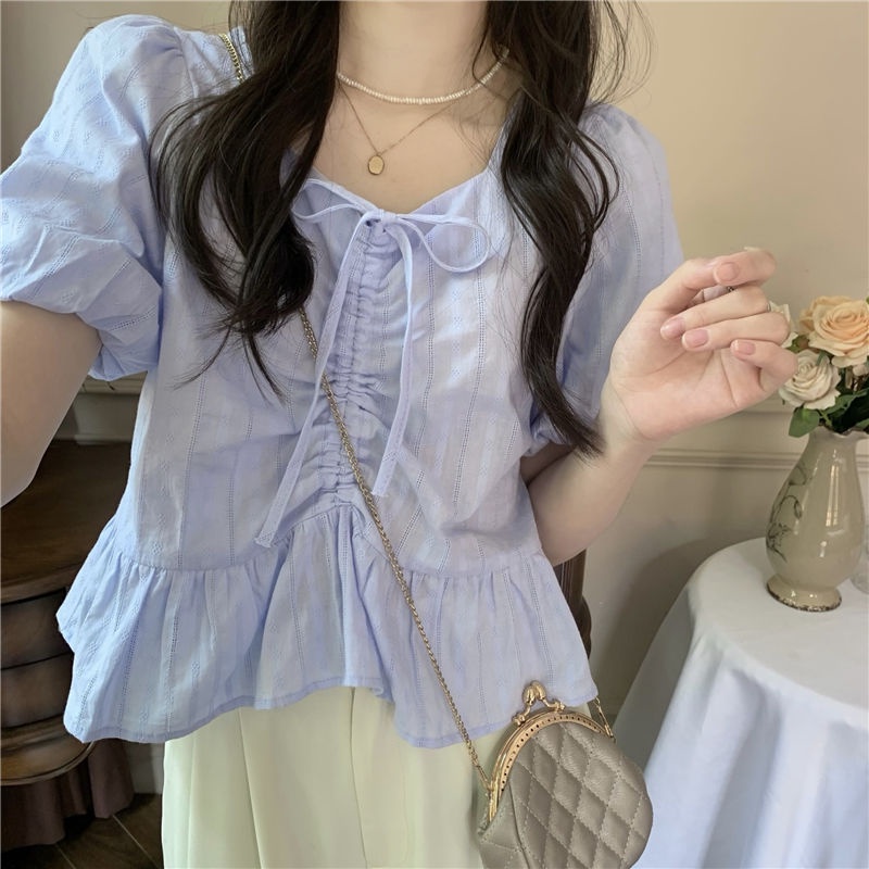 Áo Sơ Mi Ngắn Tay Cổ Vuông Phối Dây Rút Thời Trang Mùa Hè Dành Cho Nữ
