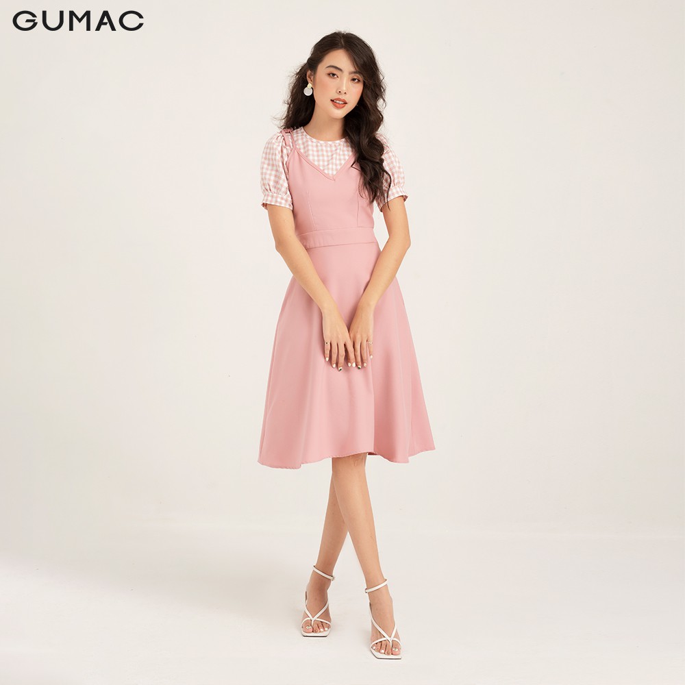 Đầm yếm nữ GUMAC phối sọc caro, trẻ trung đủ size đủ màu DB1102