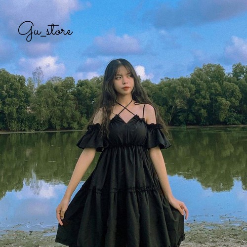 [ Có Ảnh Thật ] Váy Đen Hai Dây Ngực Trễ Vai Buộc Cổ Chất Liệu Đũi Dày Dặn Hot Trend GU Store mã122 | BigBuy360 - bigbuy360.vn