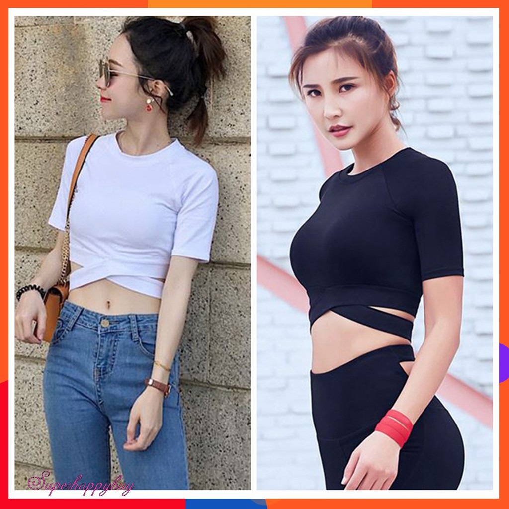 Áo croptop tay ngắn màu trơn thiết kế độc đáo thời trang quyến rũ cho nữ