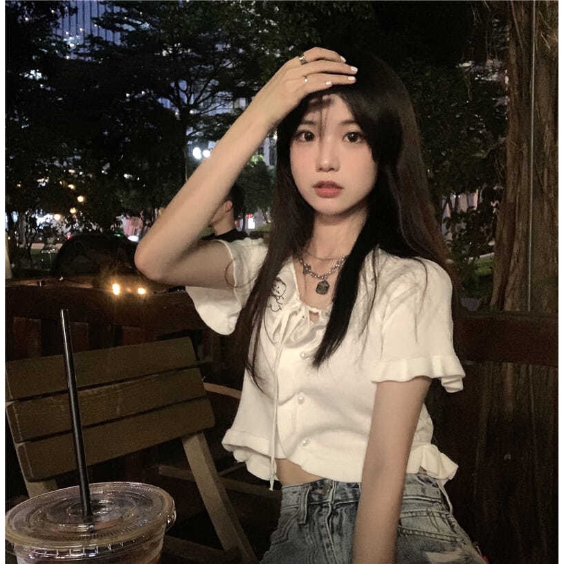 Áo croptop dệt kim thiết kế tay ngắn gợi cảm