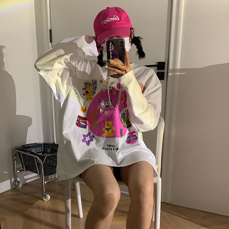 Áo thun tay dài dáng rộng thiết kế thời trang mùa thu theo phong cách Hàn Quốc cho nữ