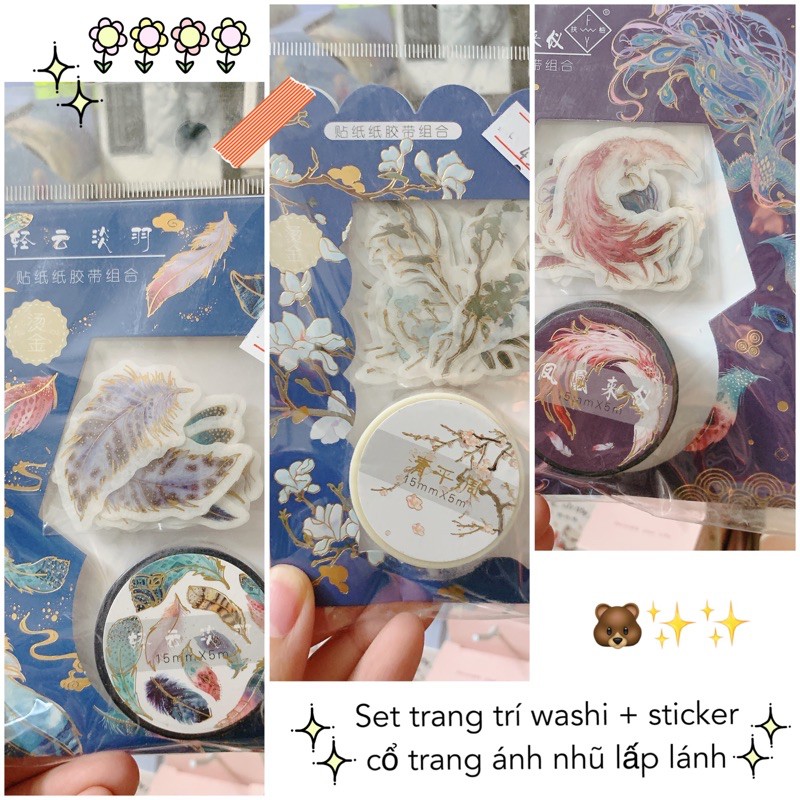 Set trang trí băng dính washi + sticker Cổ trang nhũ lấp lánh