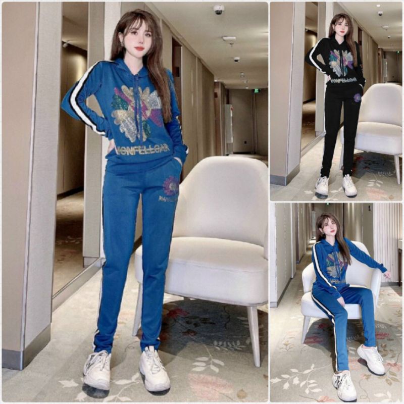 Set bộ thun nữ có nón viền sọc, bộ quần áo thể thao tay dài có mũ - HTR