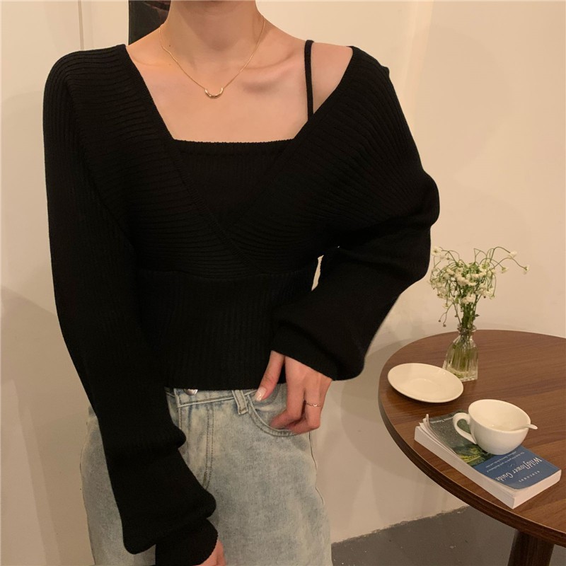 Áo sweater tay dài hở vai ôm eo phong cách thời trang Pháp