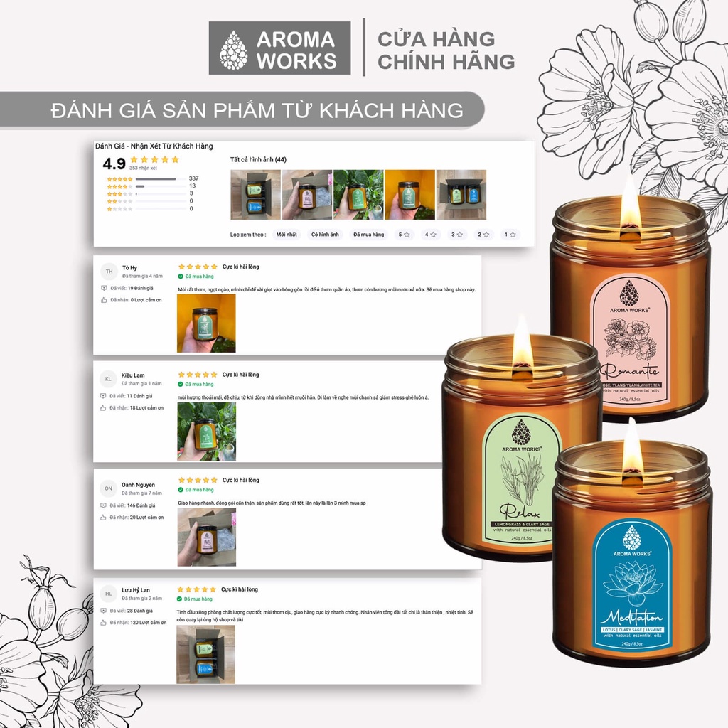 Nến thơm Spa Aroma Works liệu pháp mùi hương giúp dễ ngủ, thư giãn, thoải mái 240g