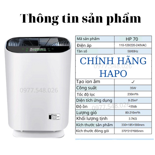 Máy lọc không khí ion âm loại bỏ bụi mịn, đo chất lượng không khí PM2.5, tia UV khử trùng lọc vi khuẩn nấm mốc Hapo